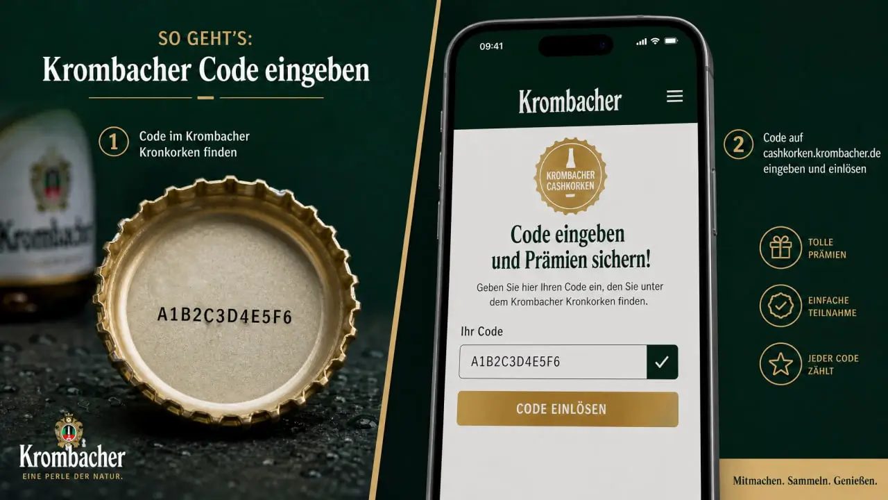 Krombacher Code eingeben Anleitung 2026 — Aktions-Kronkorken mit Metallic-Code auf der Innenseite, Eingabe auf cashkorken.krombacher.de und in der Krombacher-App
