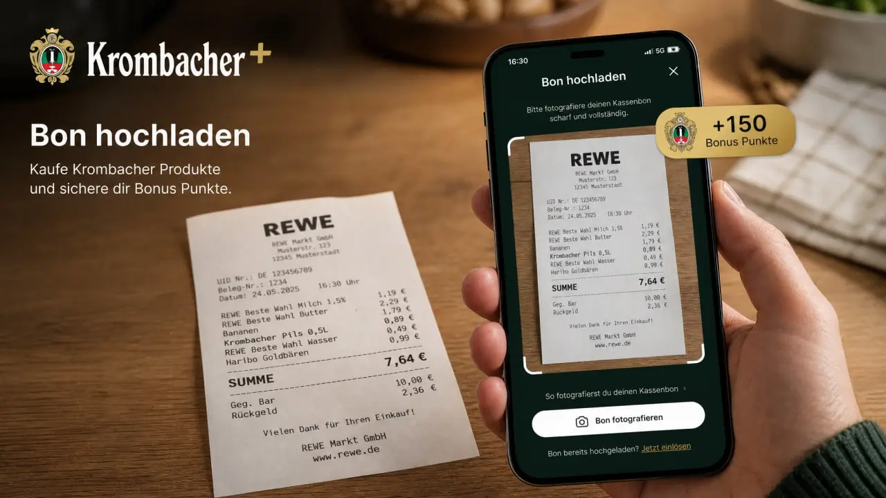 Krombacher Kassenbon hochladen über die Krombacher-App