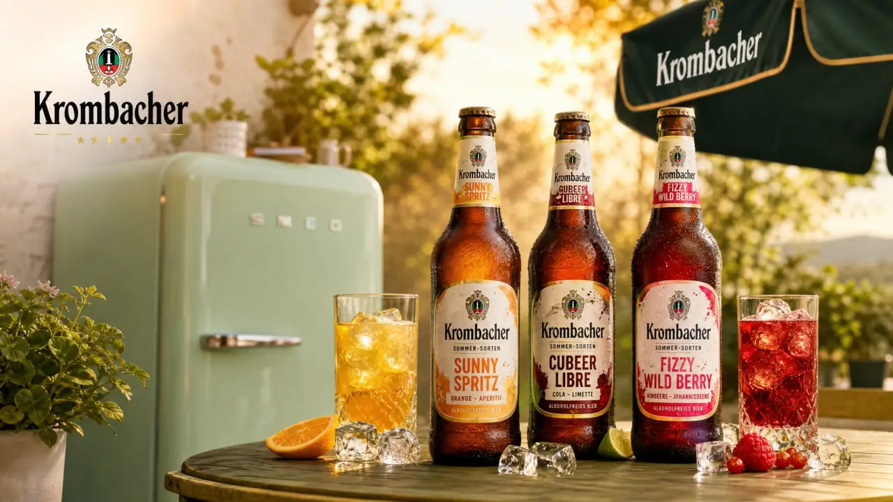 Krombacher Sommer Gewinnspiel 2026 — SMEG-Retro-Kühlschrank, neue Sorten Sunny Spritz, Cubeer Libre und Fizzy Wild Berry plus Cash-Korken